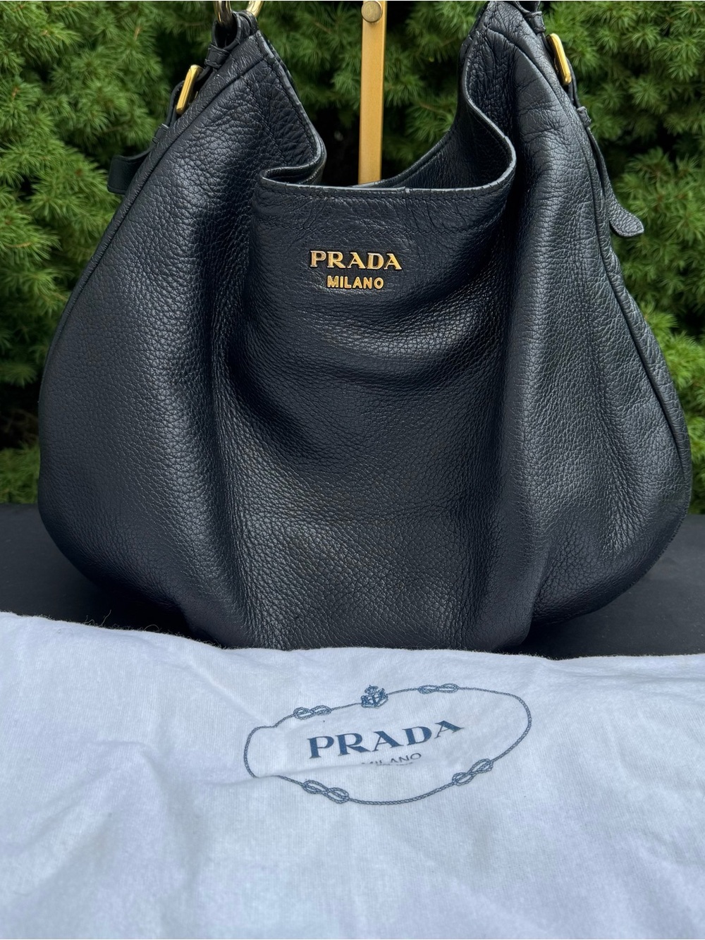 Prada Vitello Daino Black Pebbled Leather Hobo